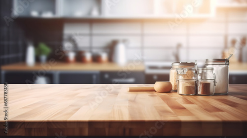 Empty wooden tabletop with blurred kitchen background, Mock up for display or montage