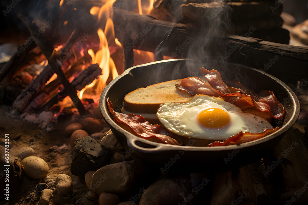Fried eggs in a frying pan on the background of a campfire