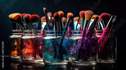 Makeup brushes in a glass. Clean professional makeup. Generative Ai