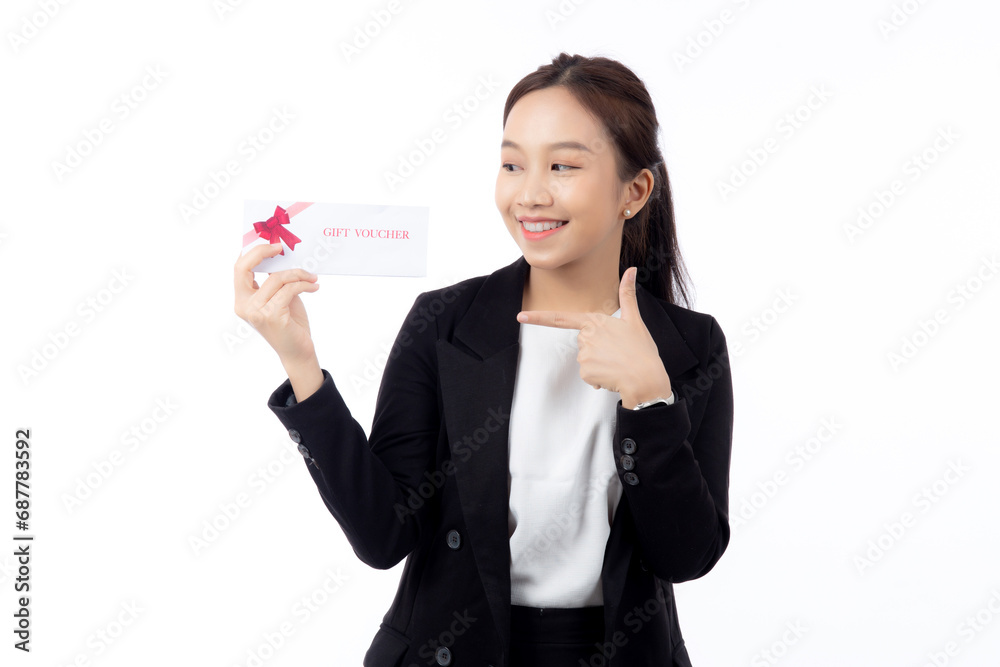Portrait happiness beautiful young asian businesswoman showing and present gift voucher or coupon with satisfied isolated white background, business woman shopping, discount sale and promotion. Portrait happiness beautiful young asian businesswoman showing and present gift voucher or coupon with satisfied isolated white background, business woman shopping, discount sale and promotion.