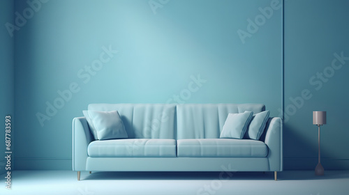 Soft blue sofa on blue background, 3D illustration, Modern minimalistic living room interior