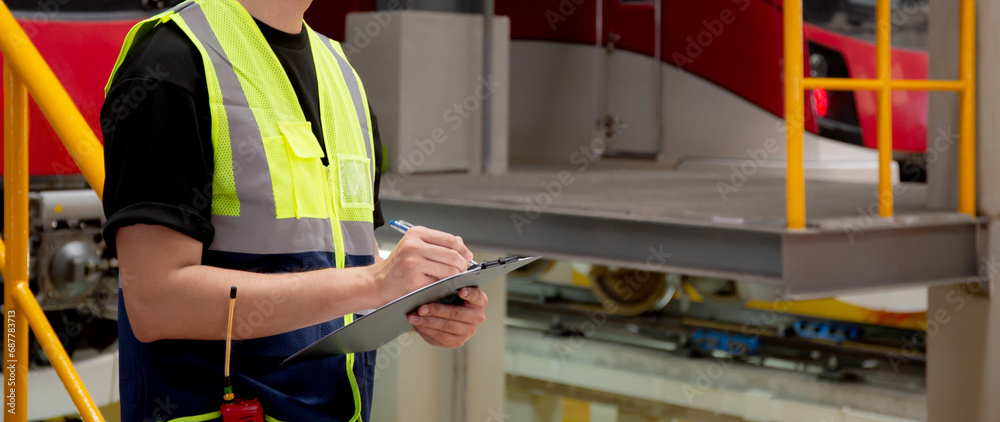 Young engineer man or worker checking electric train for planning maintenance and writing document on clipboard in station, transport and infrastructure, inspector check service transport. Young engineer man or worker checking electric train for planning maintenance and writing document on clipboard in station, transport and infrastructure, inspector check service transport.