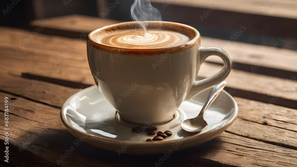 A cup of coffee on a wooden table A cup of coffee on a wooden table