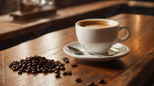  A cup of coffee on a wooden table