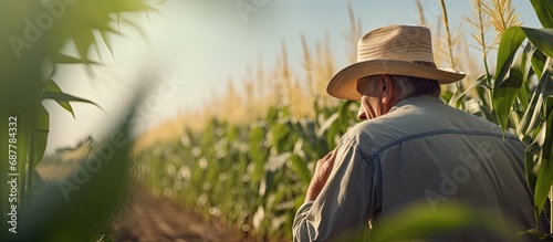 Farmer studying growth of corn crop in field.