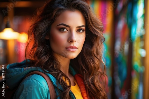 Portrait of a young female photographer with a colorful background