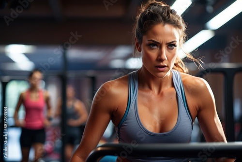 Young healthy woman in exercise clothes running on a treadmill. Inside the house.