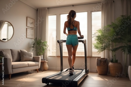Young healthy woman in exercise clothes running on a treadmill. Inside the house. photo
