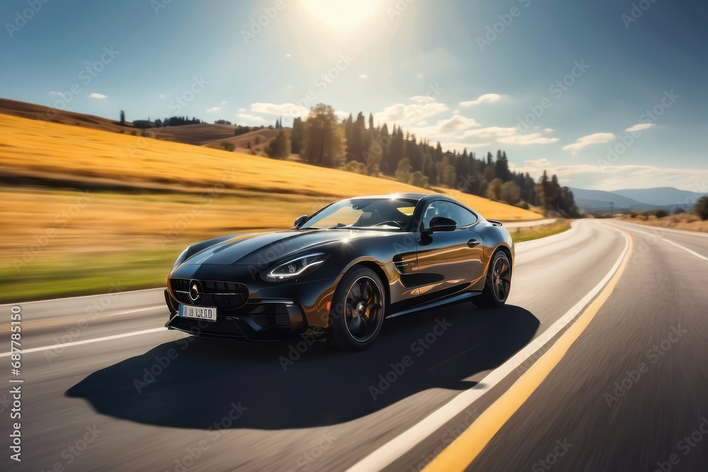 Naklejka premium Sports car running on the highway at speed in the sunlight.