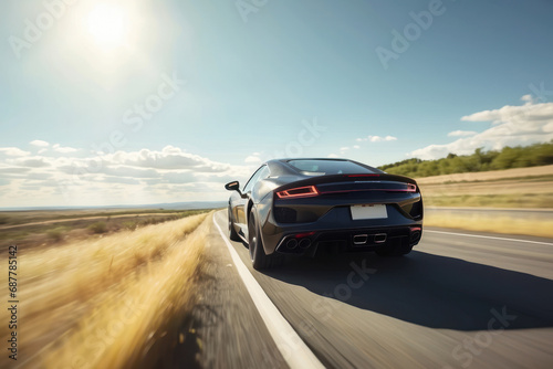 Sports car running on the highway at speed in the sunlight.