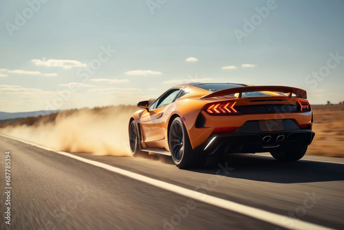 Sports car running on the highway at speed in the sunlight. © 2D_Jungle