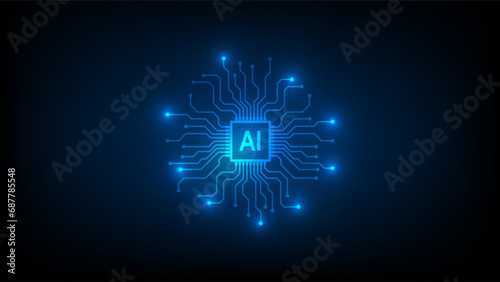 AI Artificial intelligence processor MCU chip icon symbol on blue background for graphic design, logo, web site, social media. Technology abstract background, Vector illustration photo