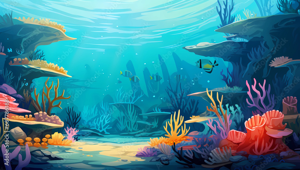 Underwater scene based on vector sea and fish with many colorful corals