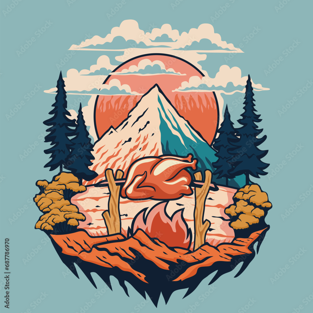 Panoramic Camping Chicken Roasted Mountain Retro Vector T Shirt Design