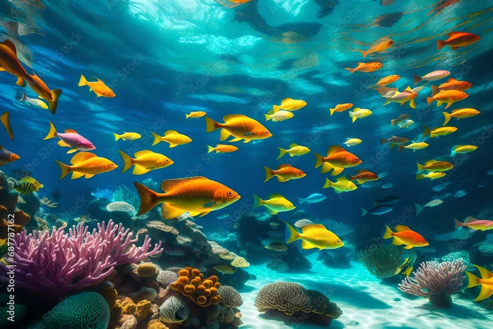 An underwater world where the sun's rays penetrate the ocean depths, illuminating a coral reef with a myriad of colorful fish, creating a vibrant and lively aquatic scene