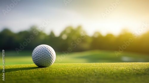 Golf ball on a tee, shallow depth of field with expanse of the course behind, green, ball, grass, sport, game, course, leisure, club, field, summer