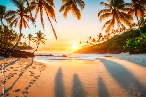 A secluded tropical beach at sunrise  where the sun sparkles dance on the gentle waves  palm trees casting elongated shadows on the sand