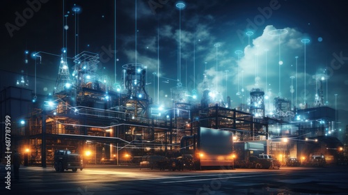 Modern factory, communication network. Telecommunication. IoT, Internet of Things, ICT, Information communication Technology,. Smart factory. Digital transformation, cloud connecting, generate by AI