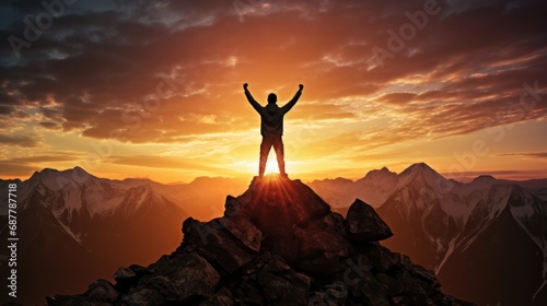 Silhouette of business male stand and feel happy on the most hight at the mountain on sunset, success, leader, teamwork, target, Aim, confident, achievement, goal, on plan, finish © pinkrabbit