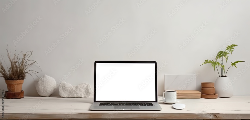 Contemporary workspace elegance. Modern home office with computer laptop and designer touches. Sleek desk setup. Stylish office interior with blank monitor screen and minimalistic decor - obrazy, fototapety, plakaty 