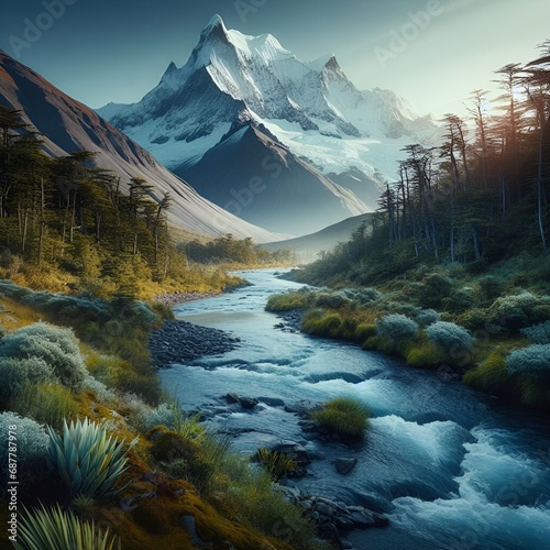 A beautiful wallpaper of a cold landscape with a river and mountain in the background, generated with AI