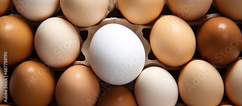 Contrasting white egg in brown egg carton photo