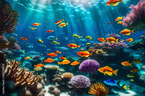An underwater world where the sun's rays penetrate the ocean depths, illuminating a coral reef with a myriad of colorful fish, creating a vibrant and lively aquatic scene