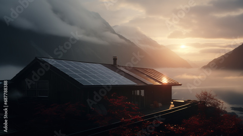 Modern country house with solar panels on the roof, in a misty autumn landscape during sunset. View over mountains and lake. Advanced technology in the wilderness. Clean energy, contemporary living.