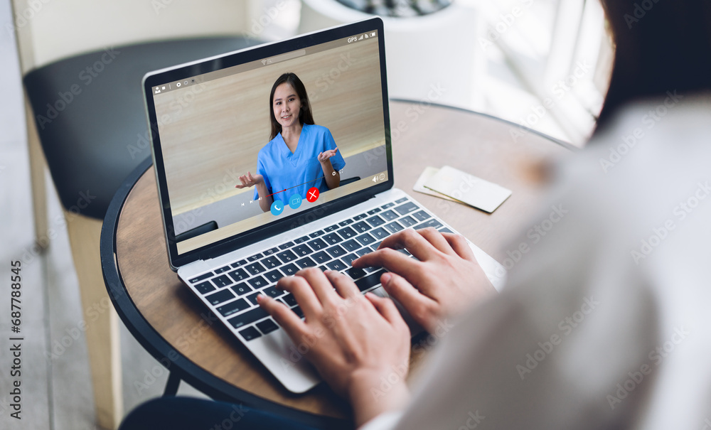 Woman talk speak using laptop computer and video conference online with doctor and stethoscope service help support team discussing and consulting talk video chat call checkup information at home Woman talk speak using laptop computer and video conference online with doctor and stethoscope service help support team discussing and consulting talk video chat call checkup information at home