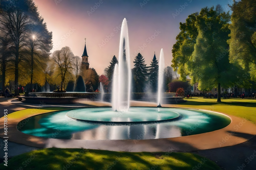 An abstract representation of Linköping Park, where the fountain becomes a focal point amidst surreal and dreamlike surroundings