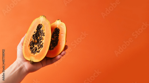 Hand holding sliced papaya fruit isolated on pastel background photo