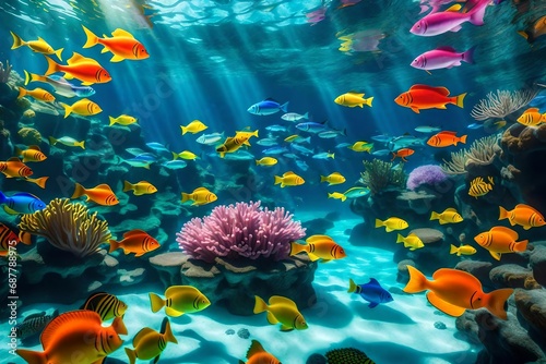 An underwater world where the sun's rays penetrate the ocean depths, illuminating a coral reef with a myriad of colorful fish, creating a vibrant and lively aquatic scene © usama