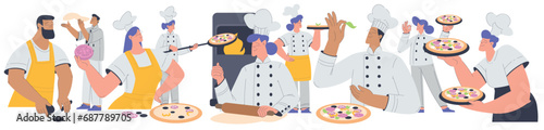 Bakery with People Baker Character in Uniform Baking Pizza Vector Illustration