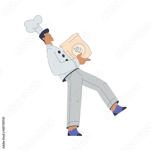 Bakery with Man Baker Character in Uniform Carry Flour Package Vector Illustration