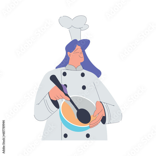 Bakery with Woman Baker Character in Uniform Hold Bowl and Spatula Vector Illustration