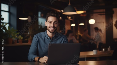 Young Professional Man Smiling and Looking at the Camera while Working with Laptop in the Office 