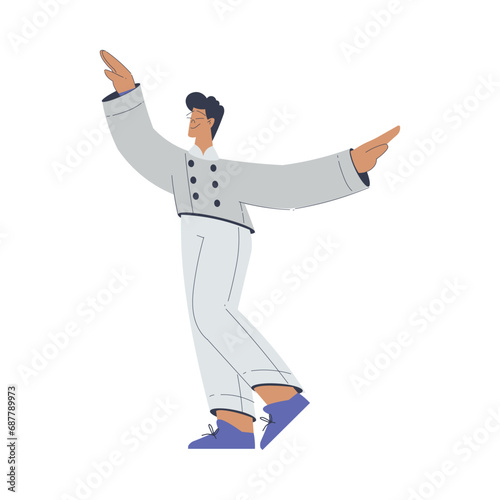 Bakery with Man Baker Character in Uniform Enjoy Dance Movement Vector Illustration