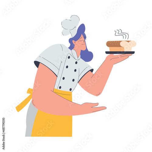 Bakery with Woman Baker Character in Uniform Stand with Tray and Hot Baked Bread Loaf Vector Illustration