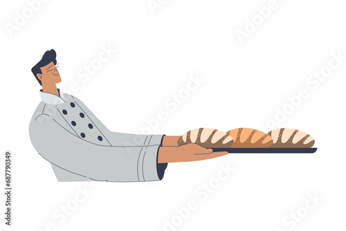 Bakery with Man Baker Character in Uniform Stand with Tray and Hot Baked Bread Loaf Vector Illustration