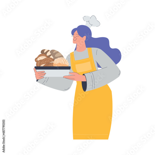 Bakery with Woman Baker Character in Uniform Stand with Tray and Hot Baked Bread Loaf Vector Illustration