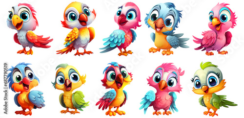 set of cute colorful Parrot Sticker on transparent Background, generated ai © weissdesign