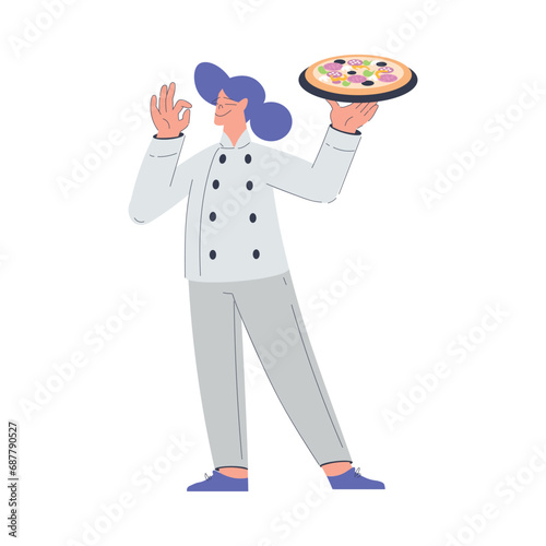 Bakery with Woman Baker Character in Uniform Hold Tray with Pizza Vector Illustration