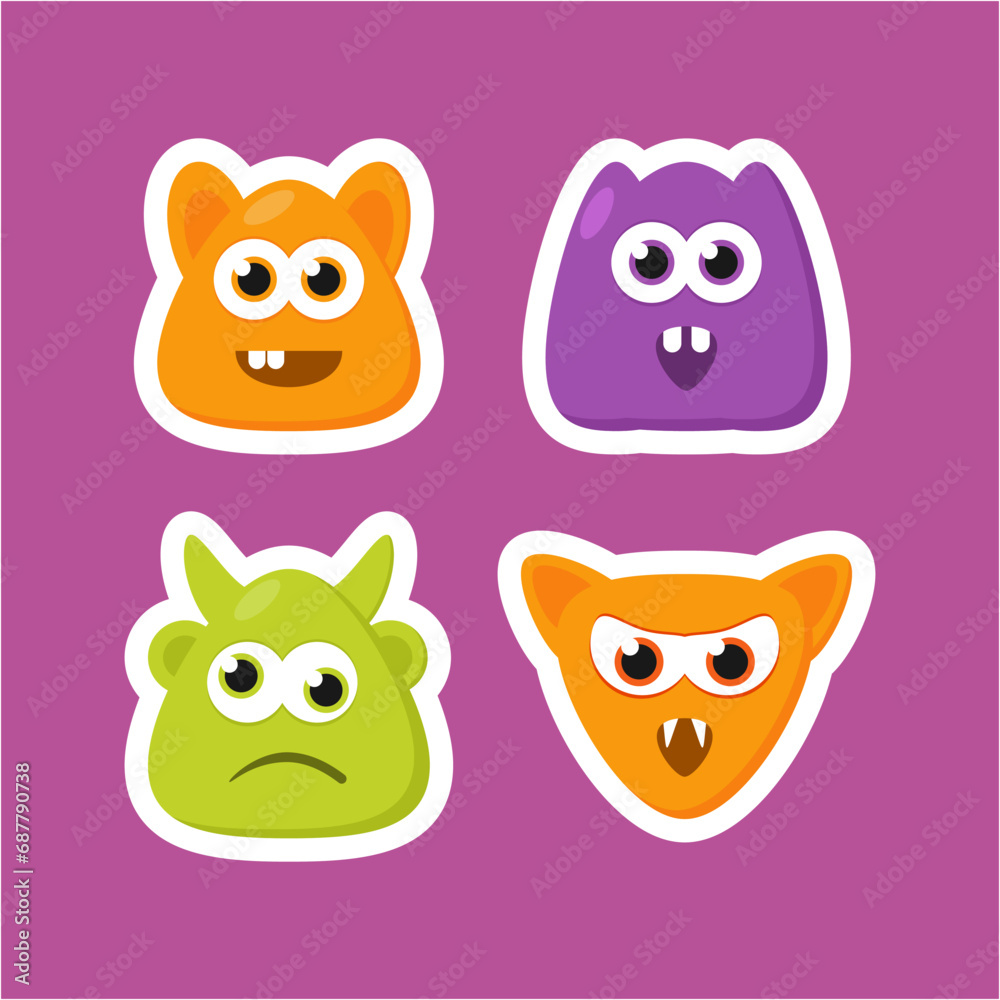 Four different colored monsters with eyes and mouths. This asset is suitable for children's books, Halloween graphics, and quirky character designs for products and packaging. Four different colored monsters with eyes and mouths. This asset is suitable for children's books, Halloween graphics, and quirky character designs for products and packaging.