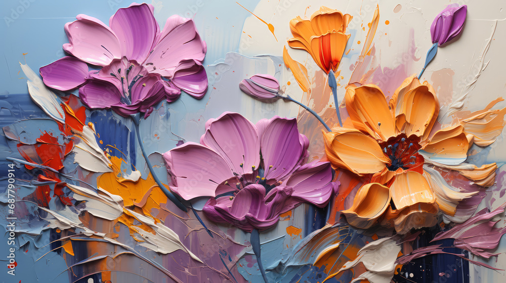 Oil painting of flowers on canvas. Abstract colorful background.