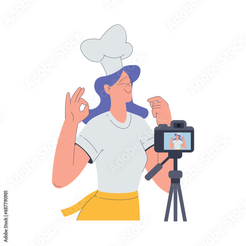 Bakery with Woman Baker Character Recording Video Lesson with Camera Vector Illustration