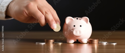 Male hand inserting coins into a piggy bank to save money, wealth and finance concept. The background looks clean and comfortable.free copy space for text