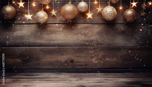 Christmas wooden table and background for product display, banner texture with copy space for text or item placement, spheres and branches at the corners
