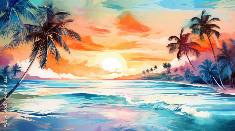 Beautiful seascape with palm trees and sunset.