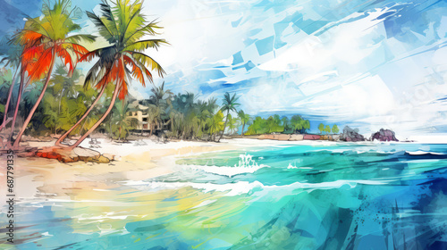 Illustration of a beach in the tropics with palm trees.