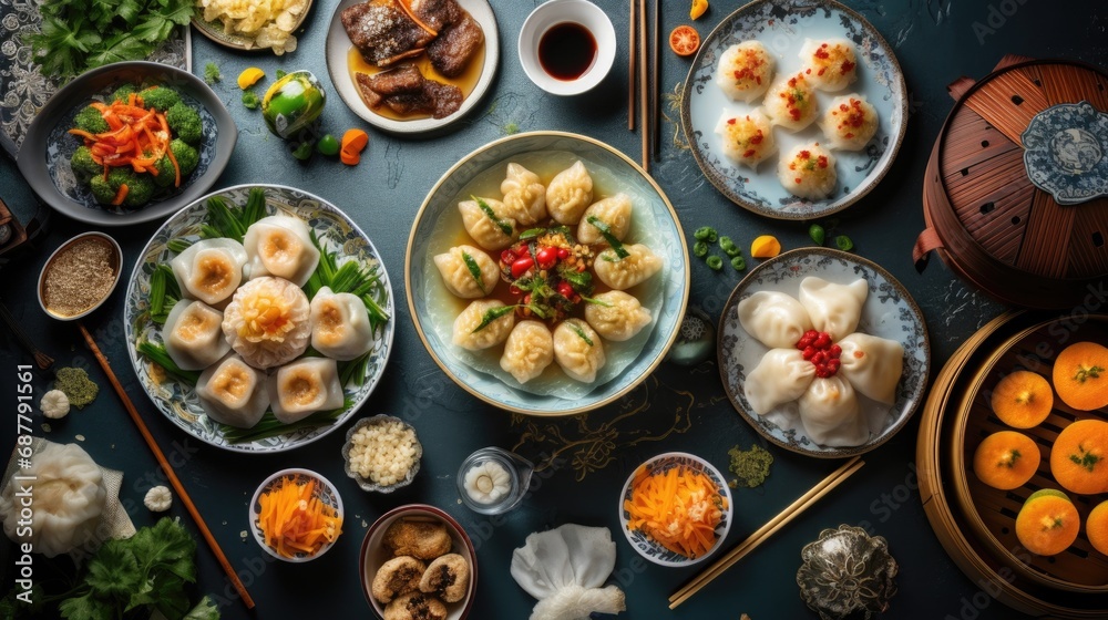 Asian traditional festive new year food flat top view Asian traditional festive new year food flat top view